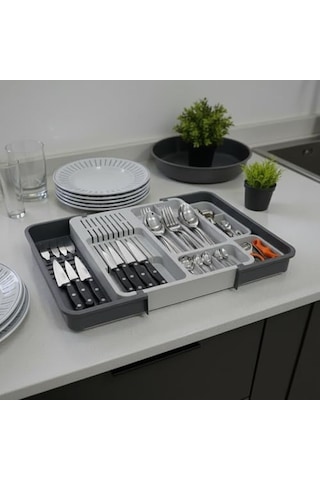 Deconox Çekmece İçi Sürgülü Çatal Kaşık Ve Bıçaklık Organizeri - Genişleyebilir Modüler Mutfak Düzenleyici Açık 55 Cm, Kapalı 34 Cm - Açık Gri Ve Antrasit Renk Açık Mavi
