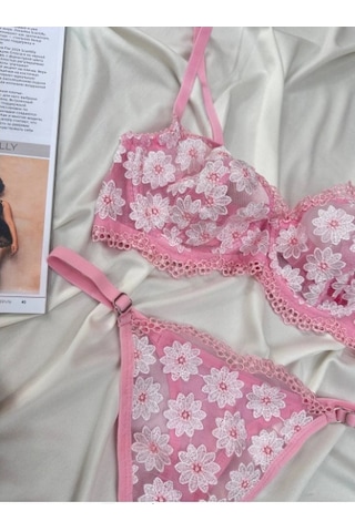 Arona Kadın Balenli Transparan Papatya Desenli Tanga Sütyen Takımı Pembe Papatya Pembe