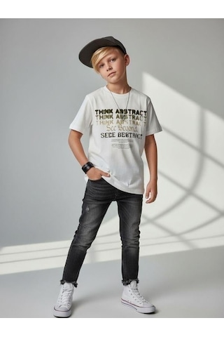 Zekids Erkek Çocuk Baskılı Tasarım T-shirt-16906 Ekru