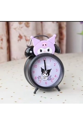 Kuromi Tasarımlı Metal Masa Saati - Işıklı Çift Zilli Nostaljik Alarm Saat Mor Siyah