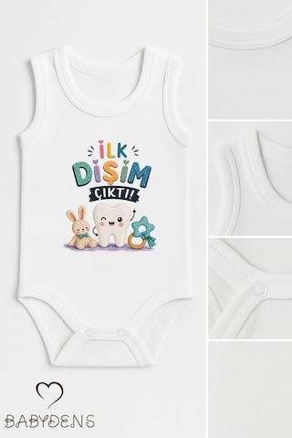 Babyden's Diş Buğdayı Body %100 Pamuk İlk Dişim Çıktı Baskılı Kolsuz Bebek Body Çıtçıtlı Unisex Yenidoğan Zıbın Beyaz