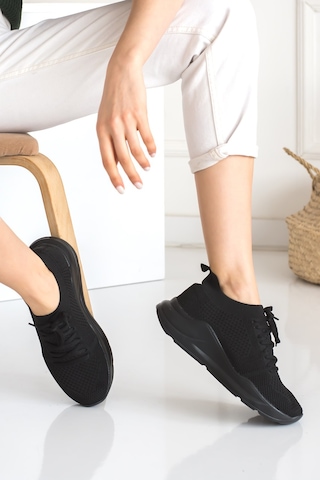 Kadın Triko Sneaker Bağcıklı Çorap Bileklik Detaylı Spor Ayakkabı 017 Siyah