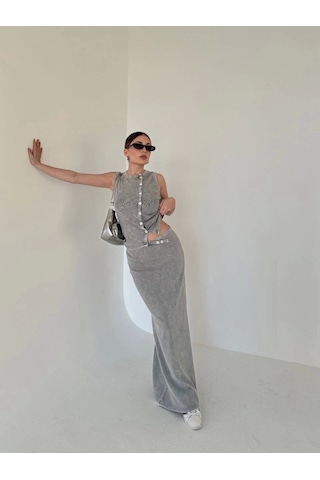 Uzun Etekli Önü Düğmeli Badi İkili Takım- Gri Gri