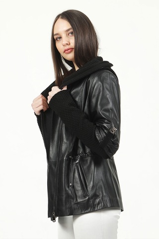 Dericlub Larissa Kadın Kapüşonlu Hakiki Deri Kaban Siyah Siyah