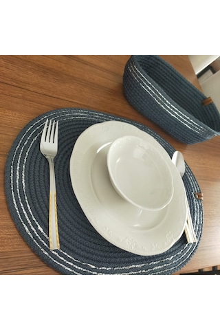 Lacivert 6 Kişilik 8 Parça Amerikan Servis, Hasır Supla Takımı, T Lacivert