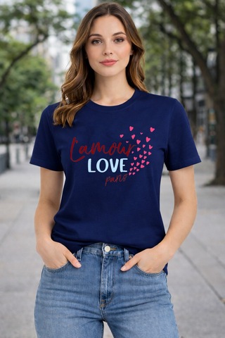 Herkesemoda Lamour Love Baskı Detaylı Basic T-shırt Lacivert