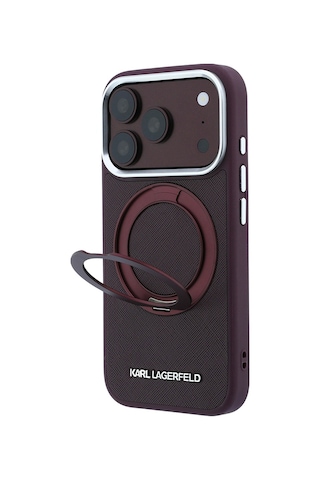 Apple iPhone Uyumlu 18 Pro Kılıf Karl Lagerfeld Lisanslı M-safeli Metal Logo Pu Saffiano 360 Standlı Kapak Bordo