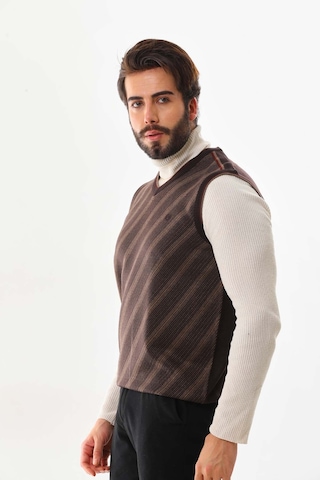 Pelikan Erkek Çizgili V Yaka Süveter 9625 Kahverengi