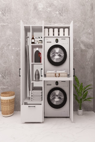 Mdf Çamaşır Makinesi Ve Kurutma Makinesi Dolabı Ütü Masalı Kapaklı Beyaz