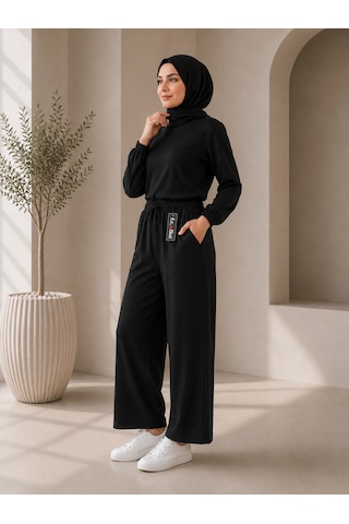 Bidesing Beli Lastikli Bağcıklı Tesettür Pantolon Siyah