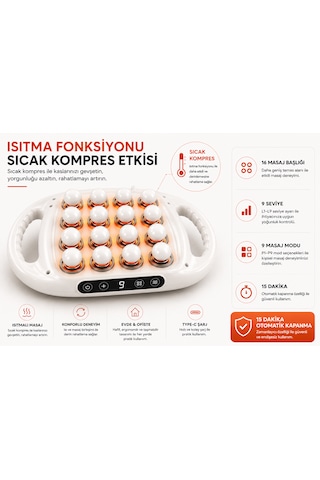 16 Başlıklı Isıtmalı Masaj Aleti 9 Seviye 9 Mod Sıcak Kompres Type-c Şarjlı Dijital Ekranlı Tüm Vücut Masaj Cihazı Beyaz