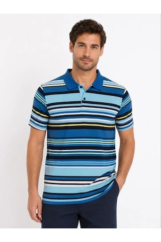 Defymoda Erkek Çizgili Polo Yaka Tişört Kısa Kol Yazlık T-shirt Regular Fit - Mavi