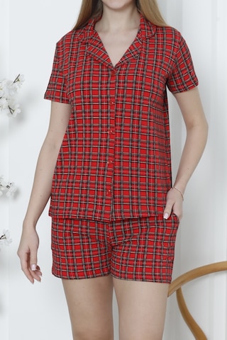 Kadın Düğmeli Şortlu Pijama Takımı Ekoseli Pamuklu Likralı Cepli Kırmızı Nıc1077 R02 Kırmızı