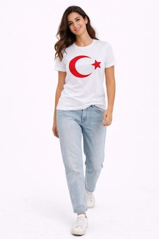 Efnaz Style T-shirt Kısa Kol Bisiklet Yaka Ay Yıldız Bayrak Baskılı Tişört - Beyaz