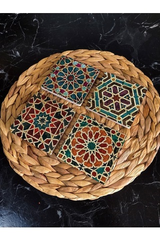 Doğal Taş Bardak Altlığı Geometrik Desenler- Selçuklu Desenleri 4'lü Set 10x10x1 Cm Stone Coasters Çok Renkli