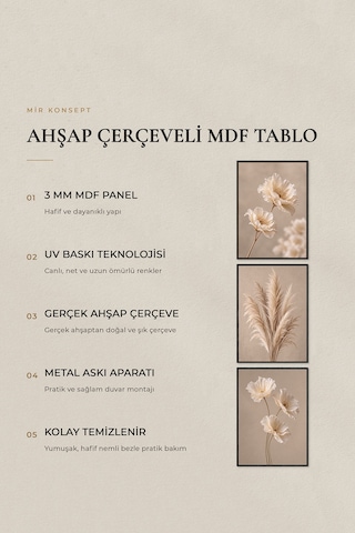 3'lü Ahşap Çerçeveli Mdf Tablo Seti Uv Baskı Krem Çiçek Pampas Bej Salon Duvar Dekoru Renk: Siyah