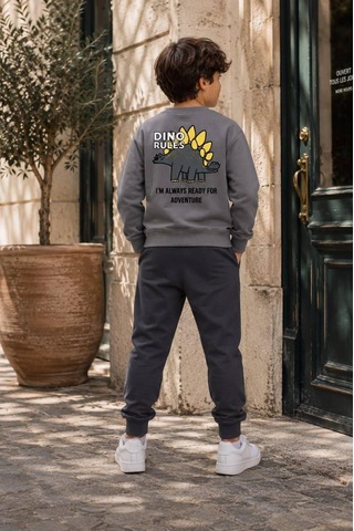 Eray Alp Kids Erkek Çocuk Dinozor Baskılı Sweatshirt Eşofman Takımı Günlük Rahat Kombin Gri