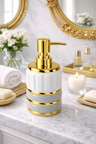 Elegance Gold Detaylı Beyaz Porselen Sıvı Sabunluk Evye Üstü Banyo Kullanımına Uygun Lüks Tasarım Gri