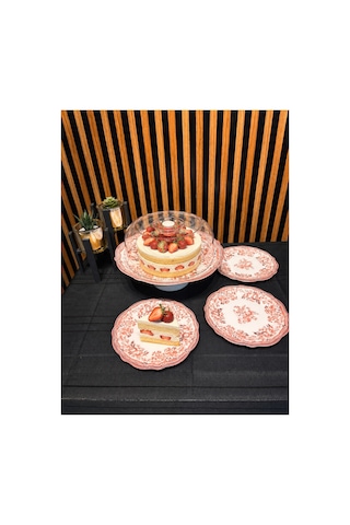 Porser Velour Maroon Fulya Ayaklı Sunum Seti 8 Parça Porselen Pasta Sunum Seti Pembe