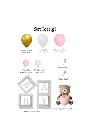 Krom Gold, Makaron Pembe Ve Beyaz Balon Temalı Baby Shower Set Baby Kutu Pembe Kalpli Ayıcık Folyo Ve Balon Zincir Set Pembe