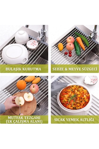 Katlanabilir Evye Üstü Bulaşık Kurutmalık Süzgeç 47x29 Cm - Paslanmaz Çelik & Isıya Dayanıklı Silikon Rulo Diğer