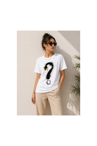 Butik İstanbul Kuğu Figürlü Soru İşareti Baskılı Tişört Kısa Kol T-shirt - Beyaz