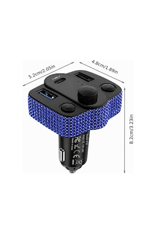 Araç İçi Saks Mavisi Kristal Taşlı Fm Transmitter Bluetooth Usb Type-c Oto Çakmaklık
