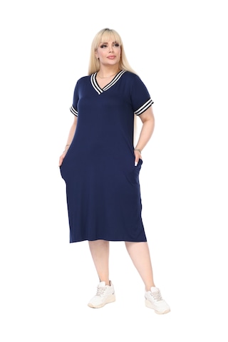 Melsay Butik Lacivert Yakası Şeritli V Yaka Midi Elbise Lacivert