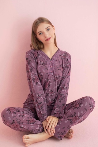 Pijamerry Kadın Dantel Yaka Bambu Uzun Kol Pijama Takımı 5205 - 1 Adet 001