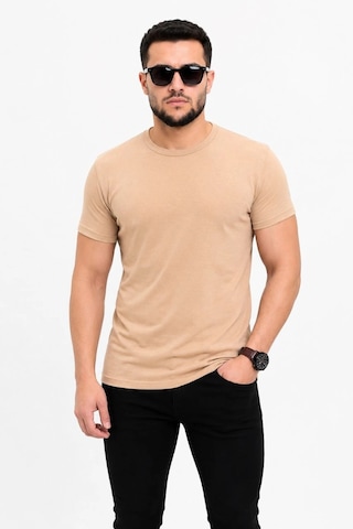 Erkek Basic Tişört Bisiklet Yaka Kısa Kol Günlük Yazlık Slim Fit T-shirt - Bej Çok Renkli