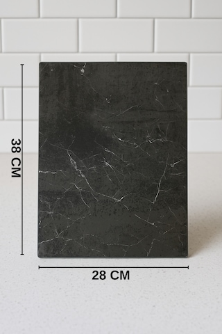 Cam Kesme Tahtası Büyük Boy 38x28 Mermer Desen, Kaymaz Silikon Ayaklı Siyah