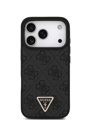 Apple iPhone Uyumlu 18 Pro Kılıf Guess Lisanslı M-safeli Pu Deri Taşlı Üçgen Logo 4g Desenli Strass Kapak Siyah