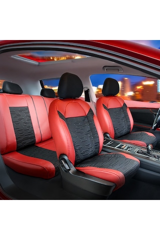 Fiat Doblo 2010-2015 2+1 Yarı Deri Oto Koltuk Kılıfı Ön Arka Set Kırmızı Siyah Şhn