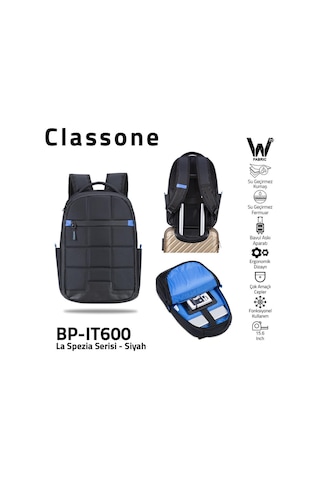 Classone BP-IT600 La Spezia Serisi Wtx Pro Su Geçirmez Kumaş 15.6 "Sırt Çantası-Siyah