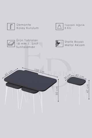 Roma Orta Sehpa Metal Ayaklı , 4+1 Orta Sehpa , 100 X 60 X 50 Cm Siyah Metal