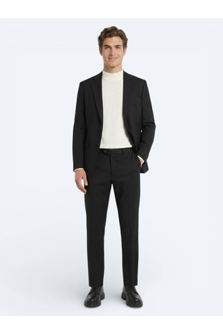 Siyah Düz Modern Fit Yün Karışımlı Takım Elbise Siyah