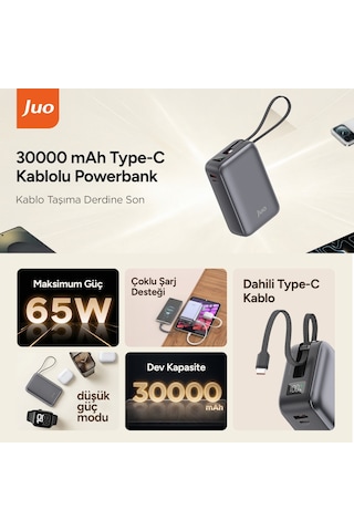 Juo 30000mah 65w Led Ekranlı Usb-a + Type-c Dahili Kablolu Powerbank Taşınabilir Pd Hızlı Şarj Cihazı Gri