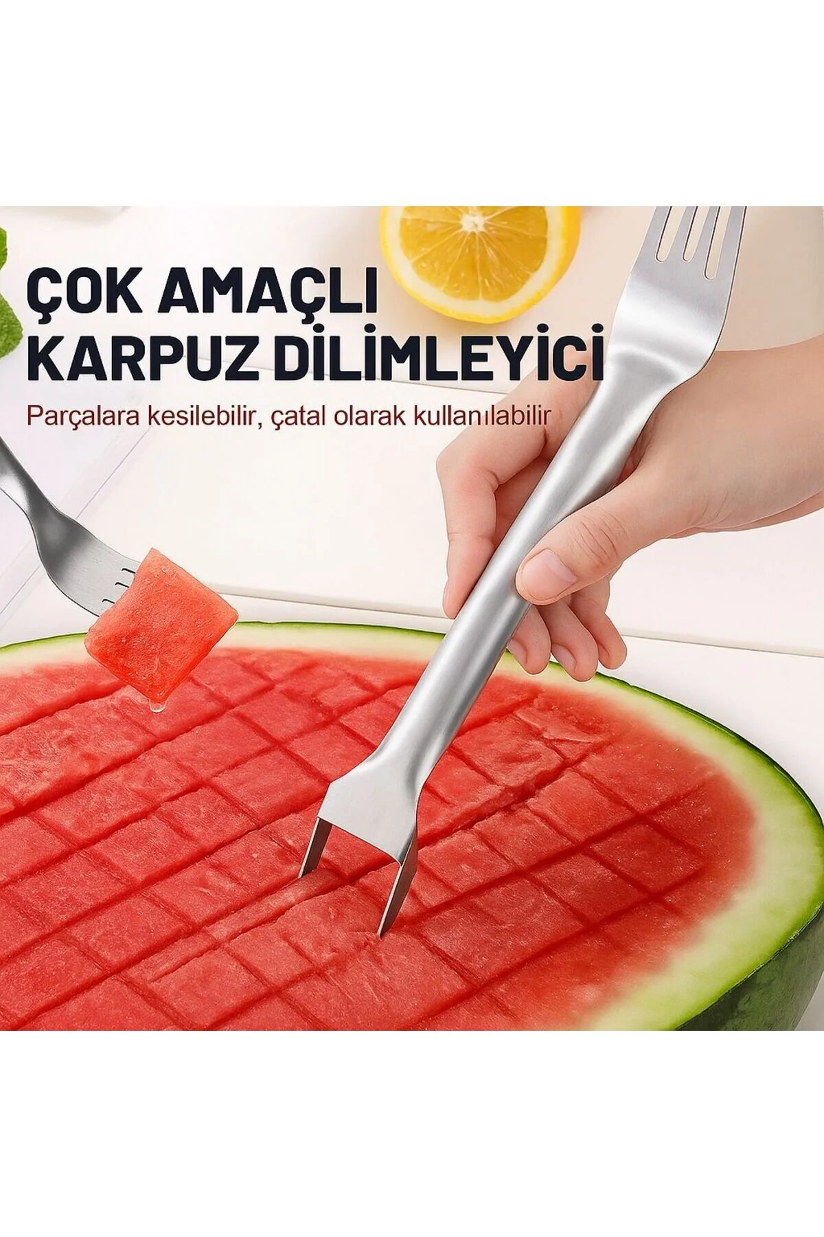 2 Si 1 Arada Paslanmaz Çelikten Karpuz Kavun Ve Meyve Dilimleyici Ve Catalı Kolay Kullanım
