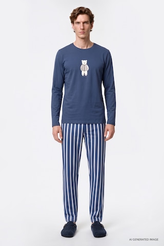 Ac&Co / Altınyıldız Classics Erkek Indıgo 2'li %100 Pamuk Yumuşak Dokulu Yan Cepli Çizgili Pijama Takımı İndigo