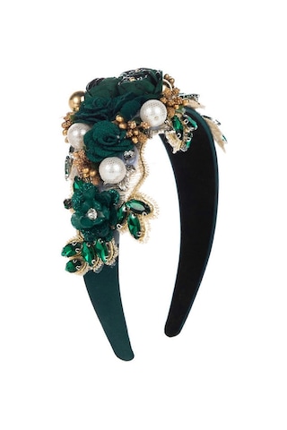 Kadın Baş Bandı Sahte Çiçek Sahte İnci Parlak Yapay Elmas Dekor Geniş Vintage Lüks Kaymaz Renkliyeşil Çok Renkli