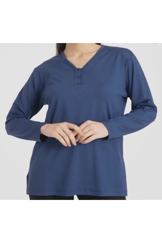 Likralı Turlu Viskon V Yaka Anne Penye Bluz Mavi