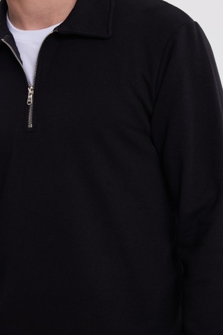 Tudors Erkek Relax Fit Rahat Kesim Pamuklu 3 İplik Fermuarlı Polo Yaka Siyah Sweatshirt-41818 Siyah