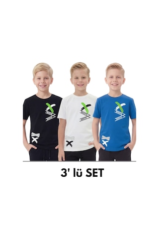Fyk Kids 3'lü White Yazı Baskılı Yuvarlak Yaka Kısa Kollu Erkek Çocuk Yazlık Tişört Siyah - Beyaz - Gri