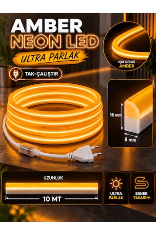 Orsan 10 Metre Amber Renk Tak Çalıştır Ultra Parlak Ultra Esnek Yüksek Performanslı Borsan 220v Neon Led Amber Montaj Aparatı Dahil