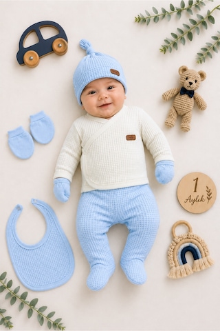 Sitilin Erkek Bebek Battaniyeli 7'li Hastane Çıkışı Seti %100 Pamuk Yenidoğan Hediye Seti Stl7231 Beyaz