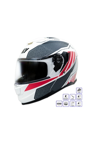 My Helmets Mks002-wrg Güneş Vizörlü Şeffaf Çene Açılır Motosiklet Kaskı Beyaz - Kırmızı - Siyah