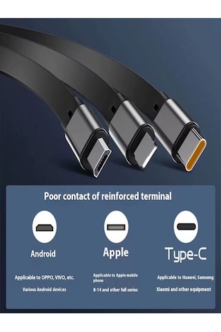 100w 3a Çoklu Hızlı Şarj Kablosu 3in1 Lightning + Type-c + Micro Usb, 1.2m Çoklayıcı Alüminyum 100w