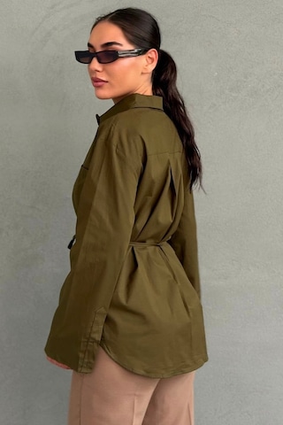 Madmext Haki Belden Bağlamalı Oversize Cepli Gömlek Mg2798