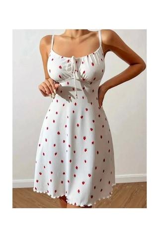 Eloria Fashion Çilek Baskılı Tangalı Gecelik Pijama Elbise,kadın Gecelik,kadın İç Giyim Beyaz