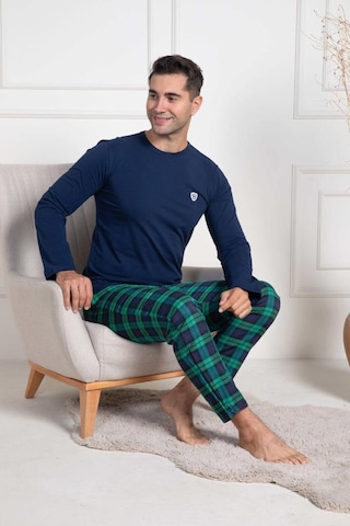 Mecit 3051 Erkek Lacivert Ekoseli Büyük Beden Pijama Takımı Lacivert